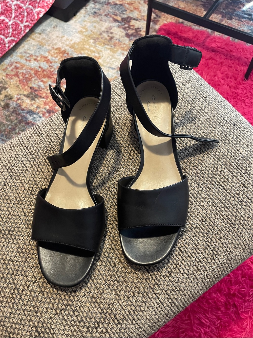 Clarks Black Ankle-Strap Block Heel Sandals - Classic Women's Dress Heels Sz9.5